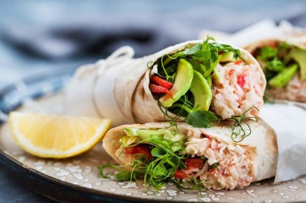 Shawarma with crab sticks, rice and avocado – a simple and delicious recipe, how to cook step by step