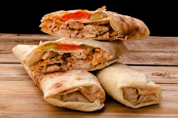 Shawarma with turkey, cheese and pickles is a simple and delicious recipe, how to cook step by step