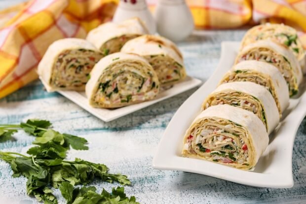 Lavash roll with crab sticks and herbs is a simple and delicious recipe, how to cook step by step