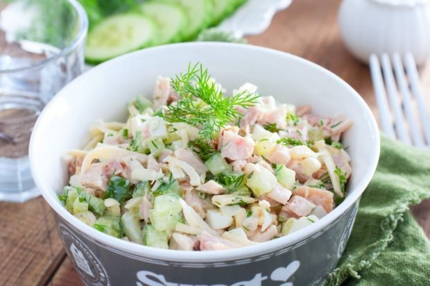 Salad of turkey, cheese and fresh cucumbers is a simple and delicious recipe, how to cook step by step