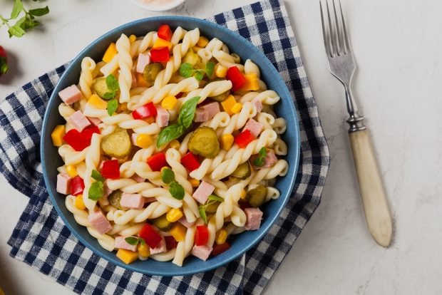 Salad with pasta, ham and pickled cucumbers – a simple and delicious recipe, how to cook step by step