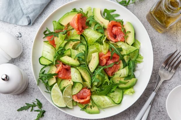 Fresh salad with avocado, herbs and red fish is a simple and delicious recipe, how to cook step by step