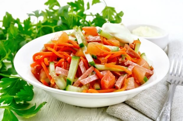 Salad of Korean carrots, sausage, tomatoes and cucumbers – a simple and delicious recipe, how to cook step by step