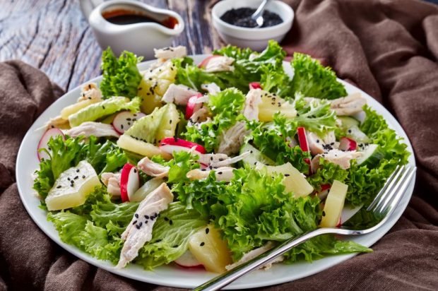 Salad with pineapple, chicken and radish – a simple and delicious recipe, how to cook step by step