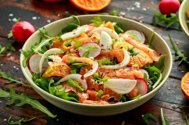 Salad with red fish, radishes and tangerines is a simple and delicious recipe, how to cook step by step