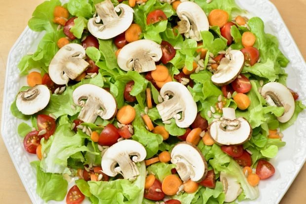 Bright vegetable salad with mushrooms and seeds is a simple and delicious recipe, how to cook step by step