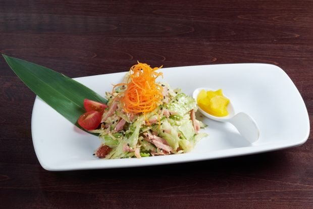 Salad with Peking cabbage, carrots and smoked chicken is a simple and delicious recipe how to cook step by step