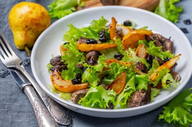 Warm chicken liver salad with caramelized pear and prunes is a simple and delicious recipe how to cook step by step