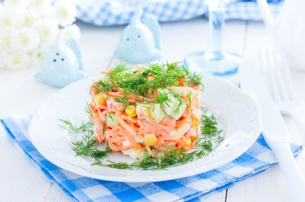 Salad of crab sticks, Korean carrots, corn and cucumbers – a simple and delicious recipe, how to cook step by step