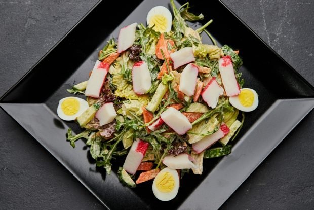 European salad with crab sticks is a simple and delicious recipe, how to cook step by step