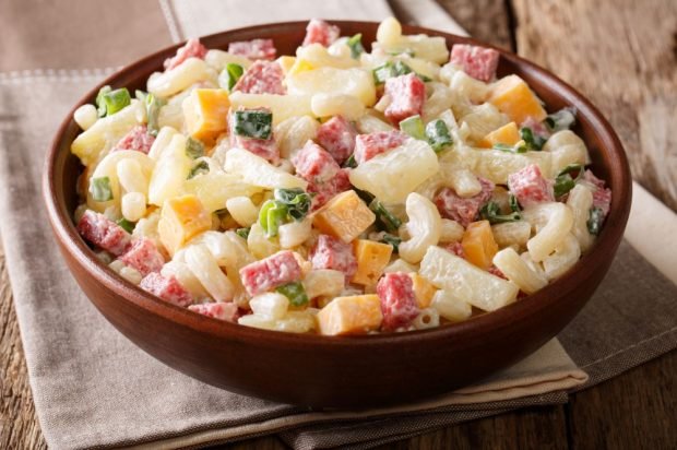 Salad with ham, pasta, pineapple and cheese – a simple and delicious recipe, how to cook step by step