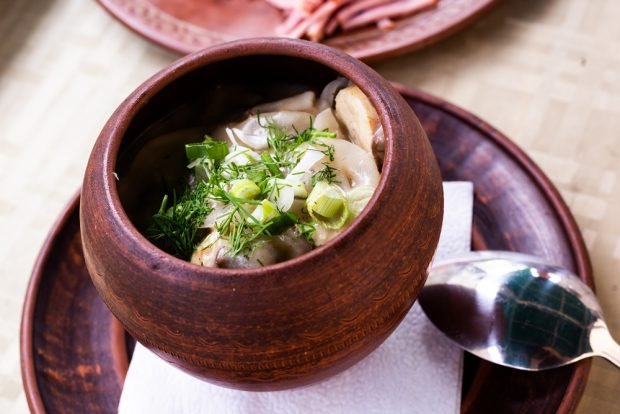 Mushrooms with onions in sour cream in pots