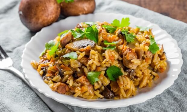 Pilaf With Pork and champignons-a simple and delicious recipe for cooking step-by-step