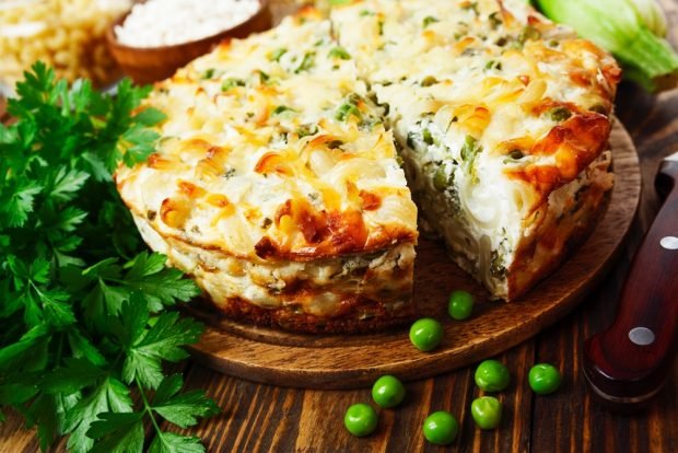 Cottage cheese casserole with pasta and green peas is a simple and delicious recipe, how to cook step by step