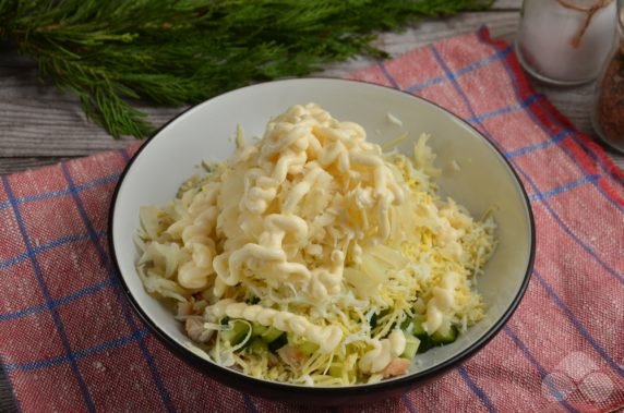 Herringbone salad with chicken and cheese: photo of recipe preparation, step 6