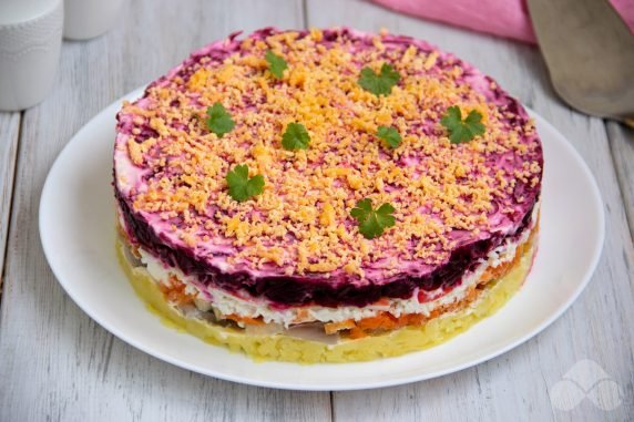 Herring under a fur coat with crab sticks: photo of recipe preparation, step 9